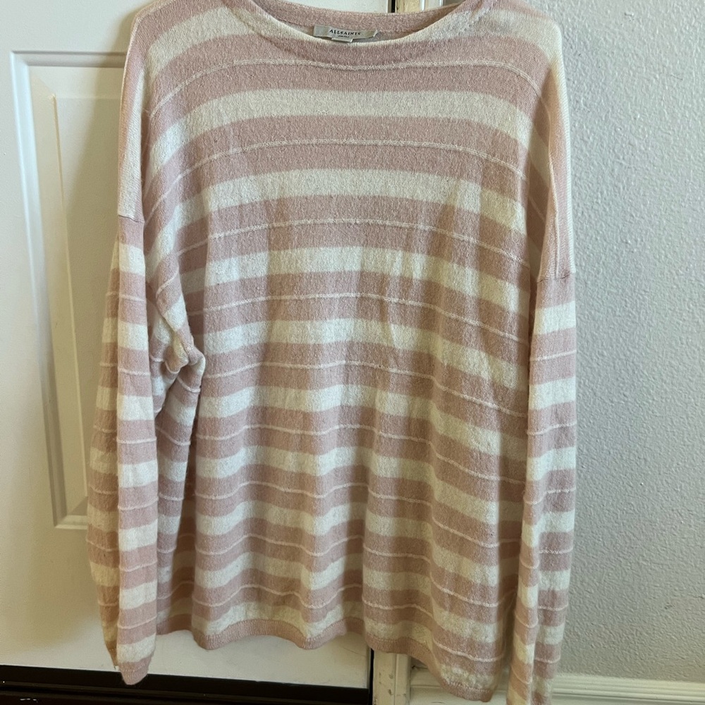 AllSaints Pink and Cream Crew Neck Sweater - Oversized